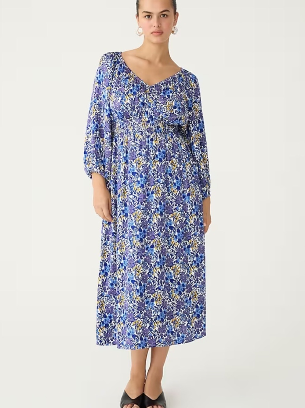 J. Crew Blue Floral Long-Sleeve Midi Dress